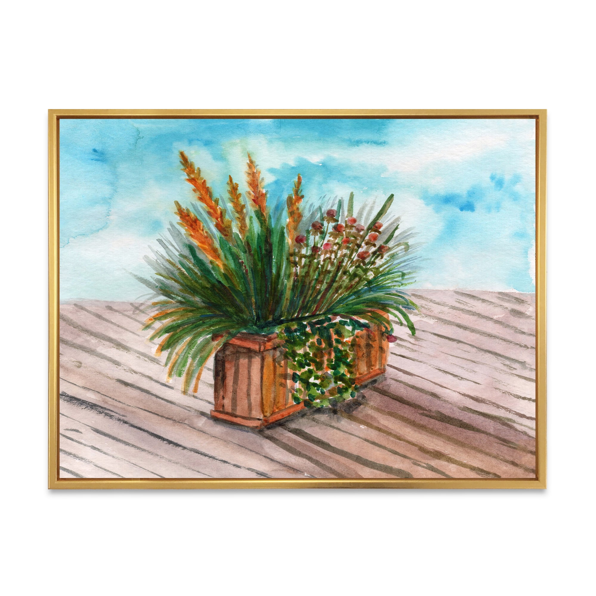 Designart 'Green Stems With Yellow Spikelets of Houseplant' Traditional Framed Canvas Wall Art Print