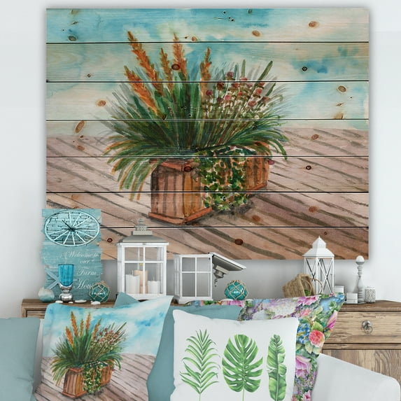 Designart 'Green Stems With Yellow Spikelets of Houseplant' Traditional Print on Natural Pine Wood