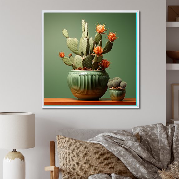 Designart "Green Stone Cactus Contrast" Cactus Floater Framed Canvas Art Print