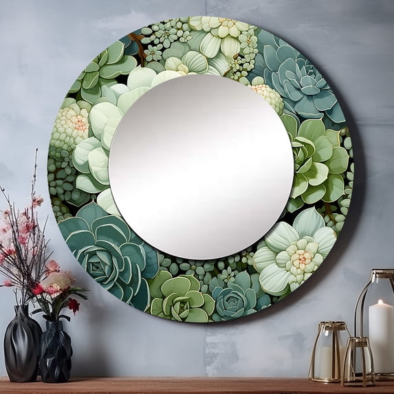 Designart "Green Succulents Flowers peaceful Succulents IV" Succulent Round Mirror Wall Décor Traditional - Large Green Round Mirror - Round Mirror 23" x 23" Inch