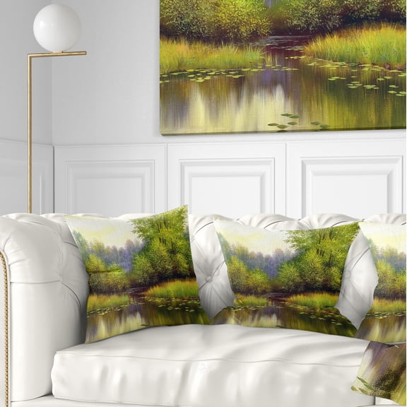 Designart Green Summer with River - Landscape Printed Throw Pillow - 16x16