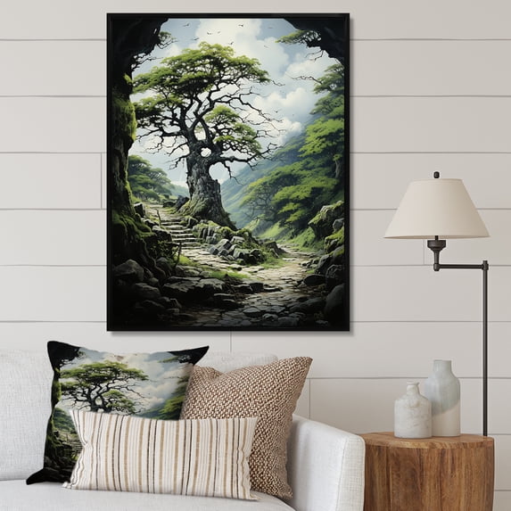 Designart "Green Tree Monochrome euphony" Floral & Botanical Floater Framed Wall Art Print