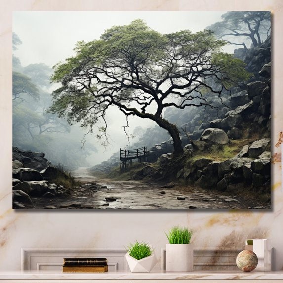 Designart "Green Tree Monochrome gracefulness" Floral Wall Art Living Room