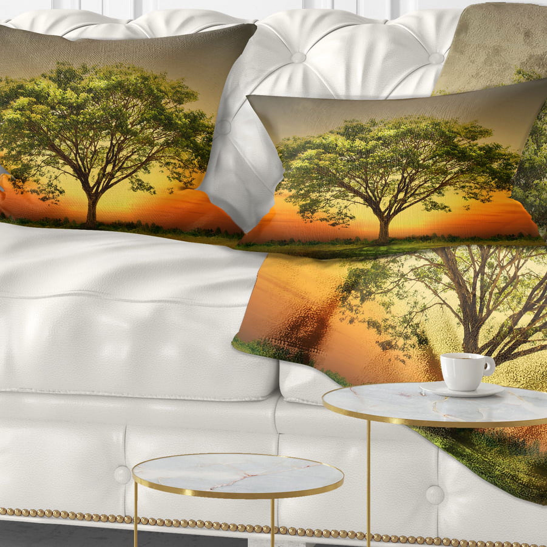 Designart Green Tree against Setting Sun - Trees Throw Pillow - 12x20