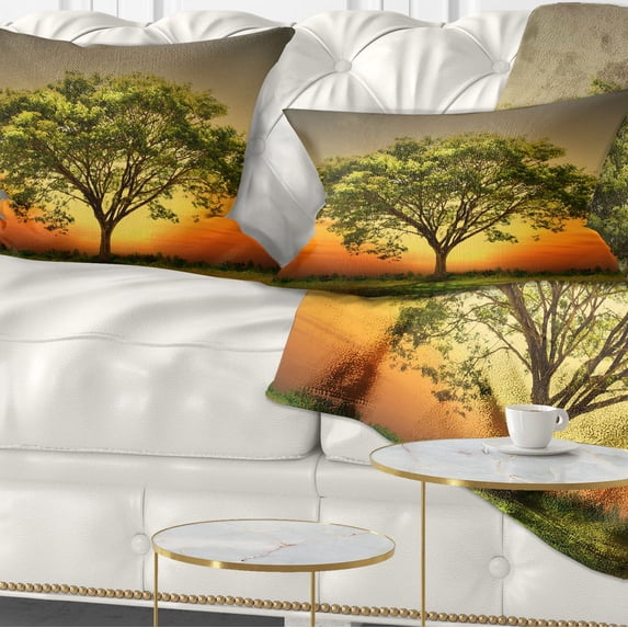 Designart Green Tree against Setting Sun - Trees Throw Pillow - 12x20