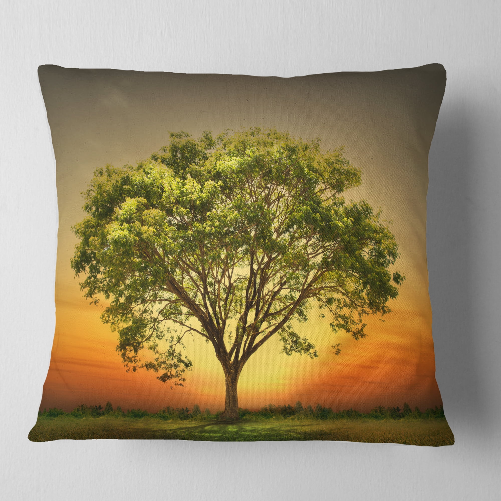 Designart Green Tree against Setting Sun - Trees Throw Pillow - 16x16