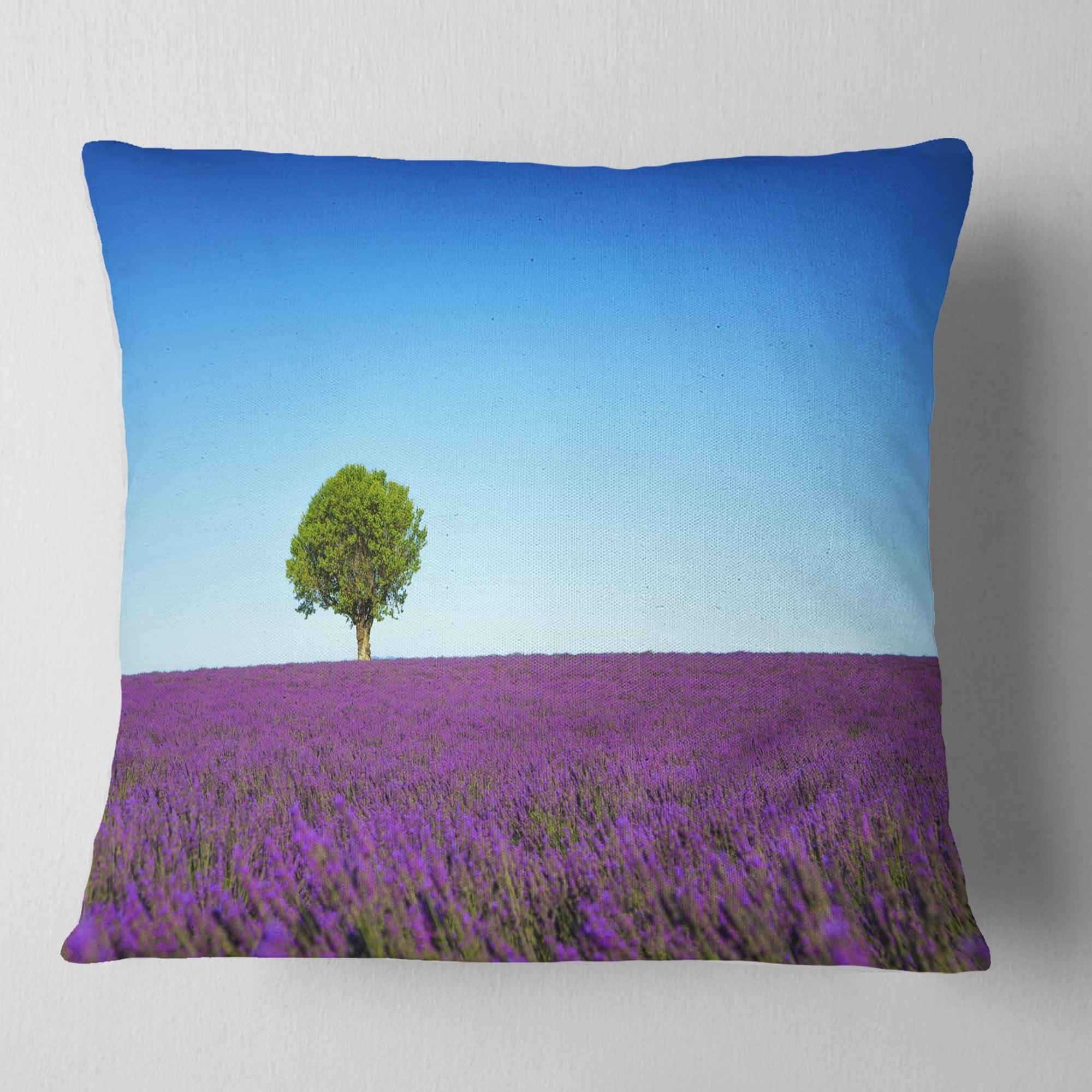 Designart Green Tree among Lavender Flowers - Landscape Wall Throw Pillow - 16x16