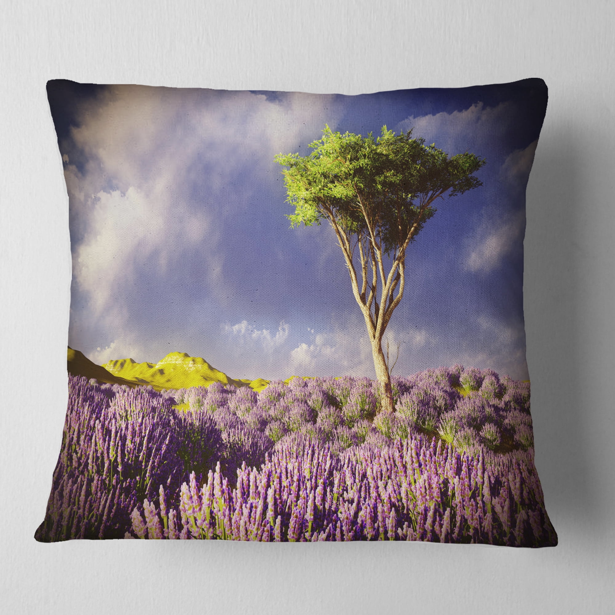 Designart Green Tree in Lavender Field - Modern Landscape Printed Throw Pillow - 16x16