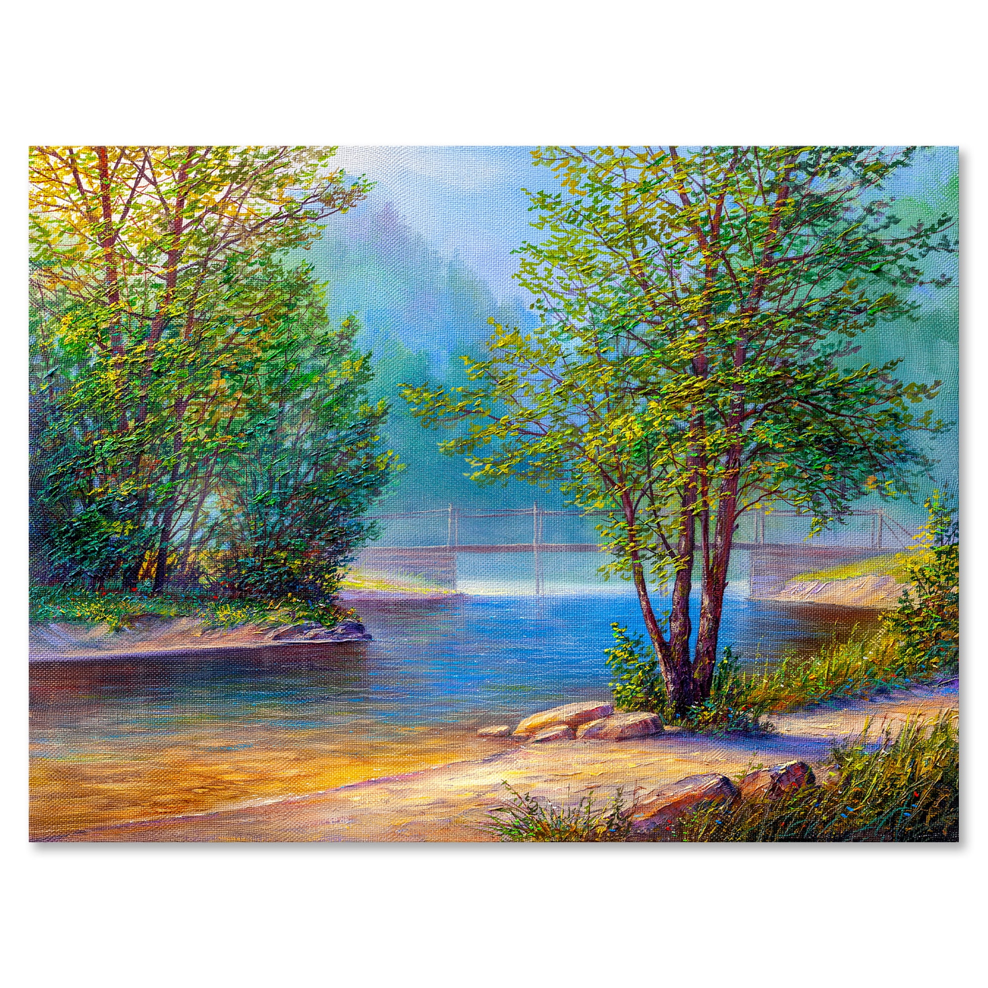 Designart ' Green Trees By The Bridge Over River ' Traditional Canvas Wall Art Print