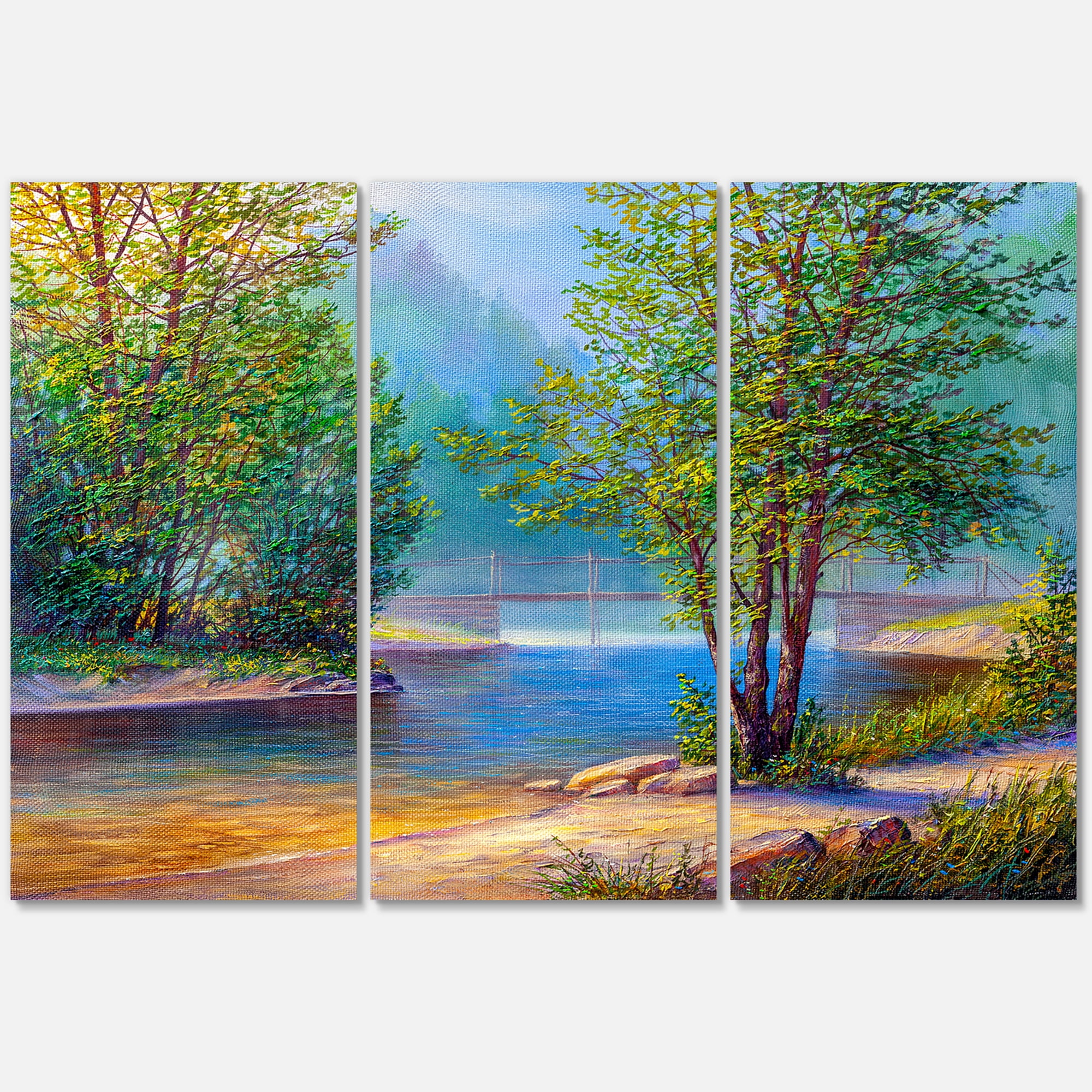Designart ' Green Trees By The Bridge Over River ' Traditional Canvas Wall Art Print
