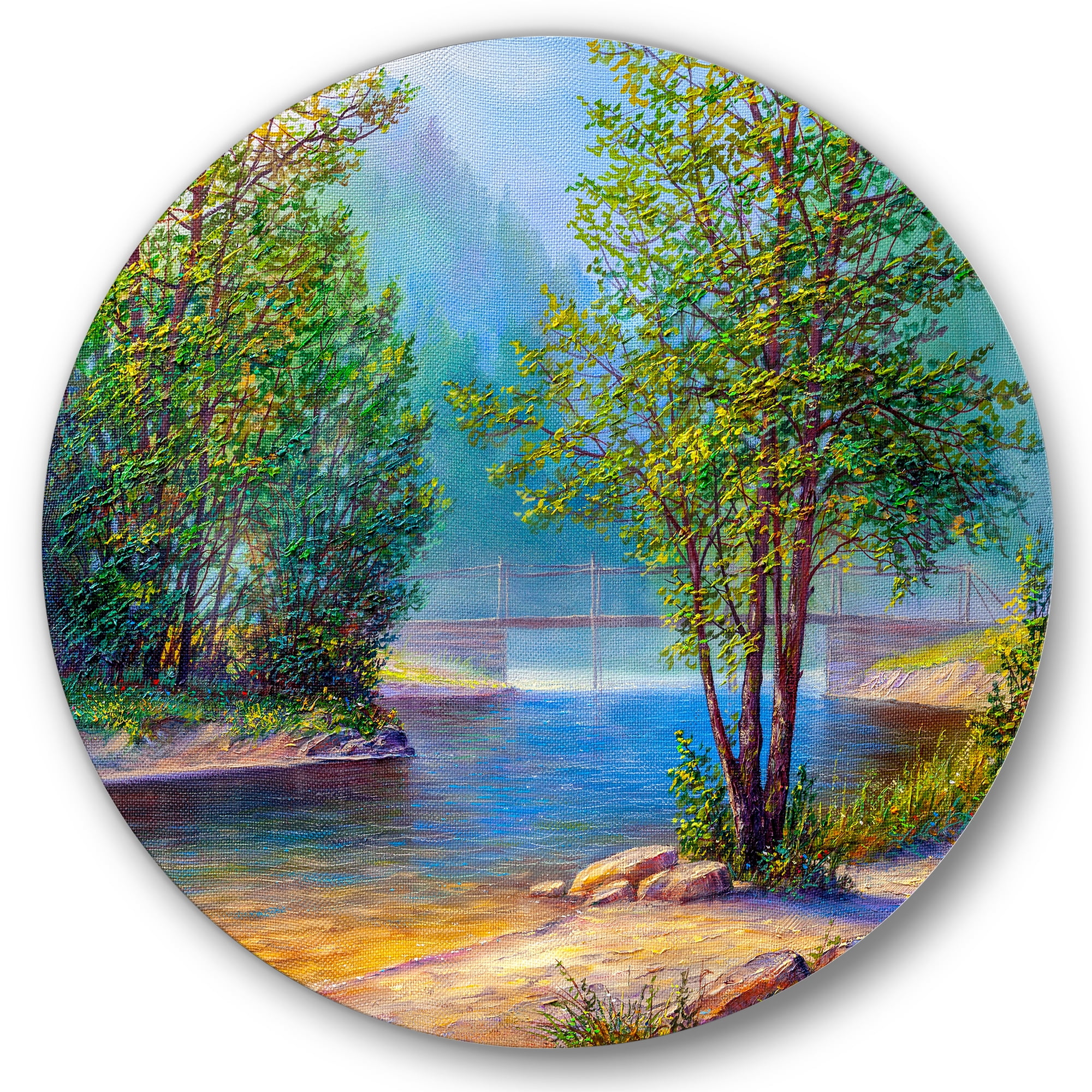 Designart 'Green Trees By The Bridge Over River' Traditional Circle Metal Wall Art 23x23 - Disc of 23