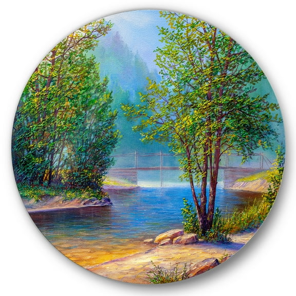Designart 'Green Trees By The Bridge Over River' Traditional Circle Metal Wall Art 36x36 - Disc of 36