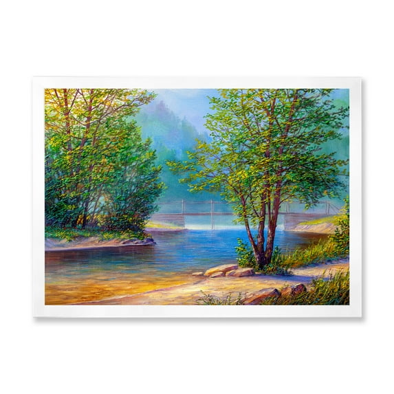 Designart 'Green Trees By The Bridge Over River' Traditional Framed Art Print