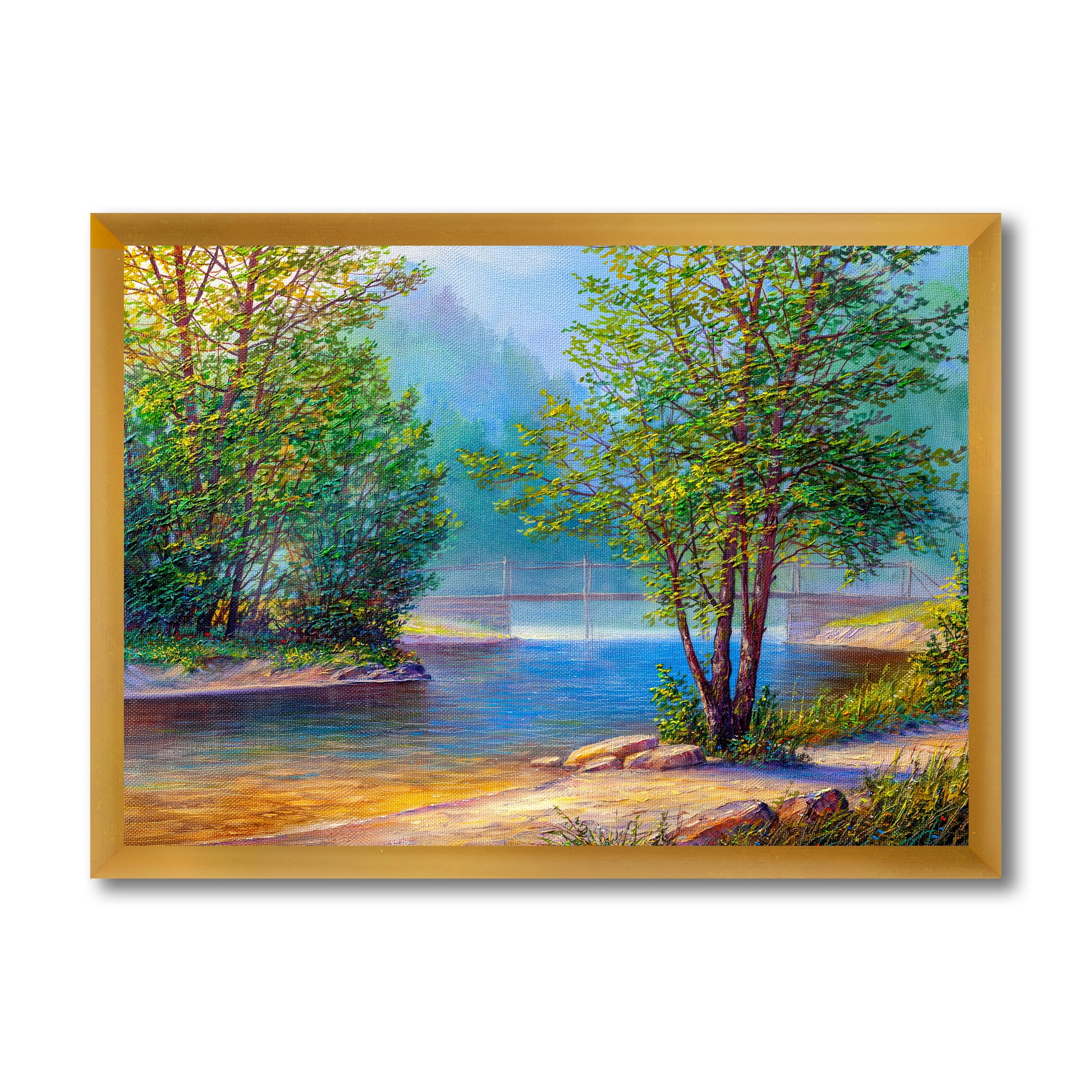 Designart 'Green Trees By The Bridge Over River' Traditional Framed Art Print