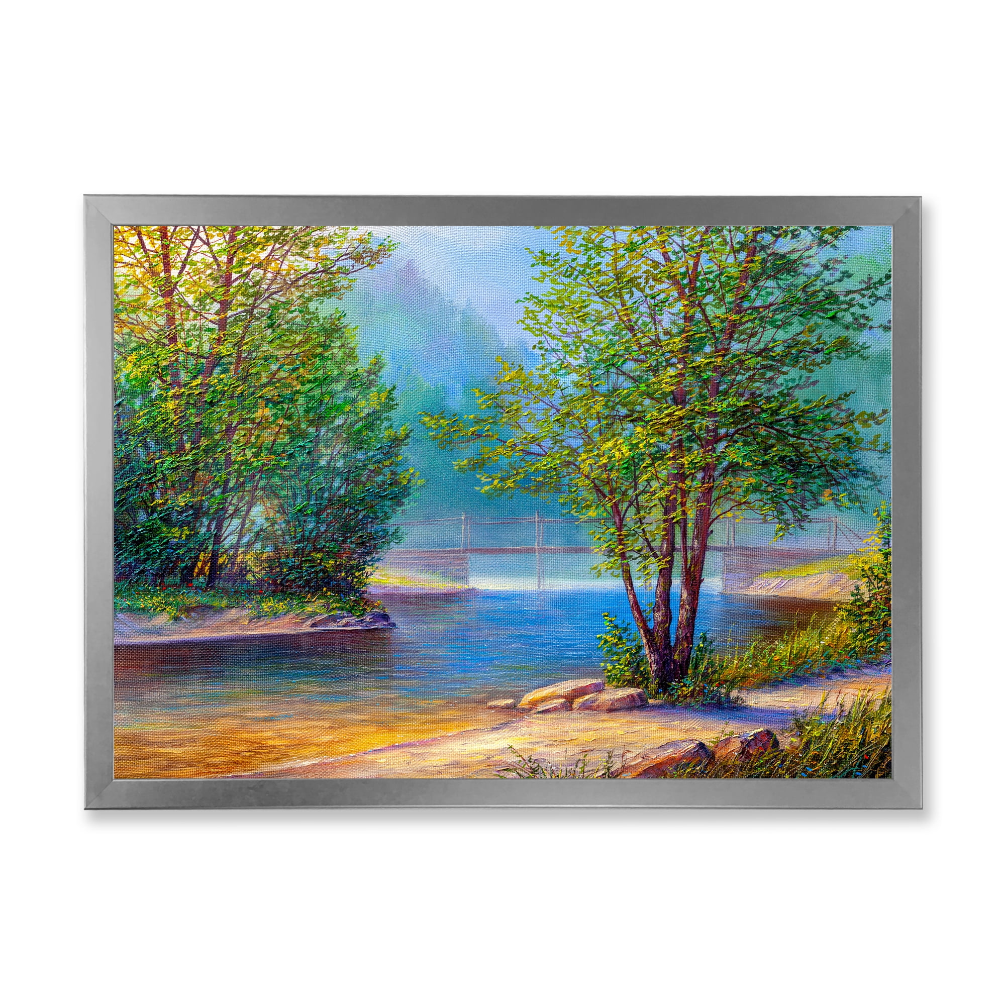 Designart 'Green Trees By The Bridge Over River' Traditional Framed Art Print