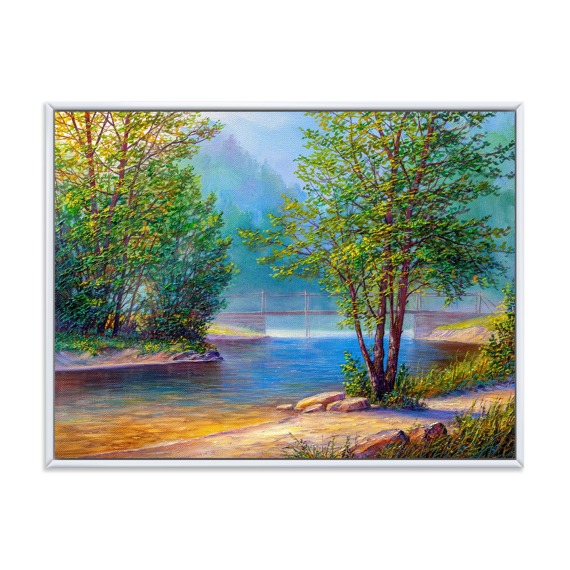 Designart 'Green Trees By The Bridge Over River' Traditional Framed Canvas Wall Art Print