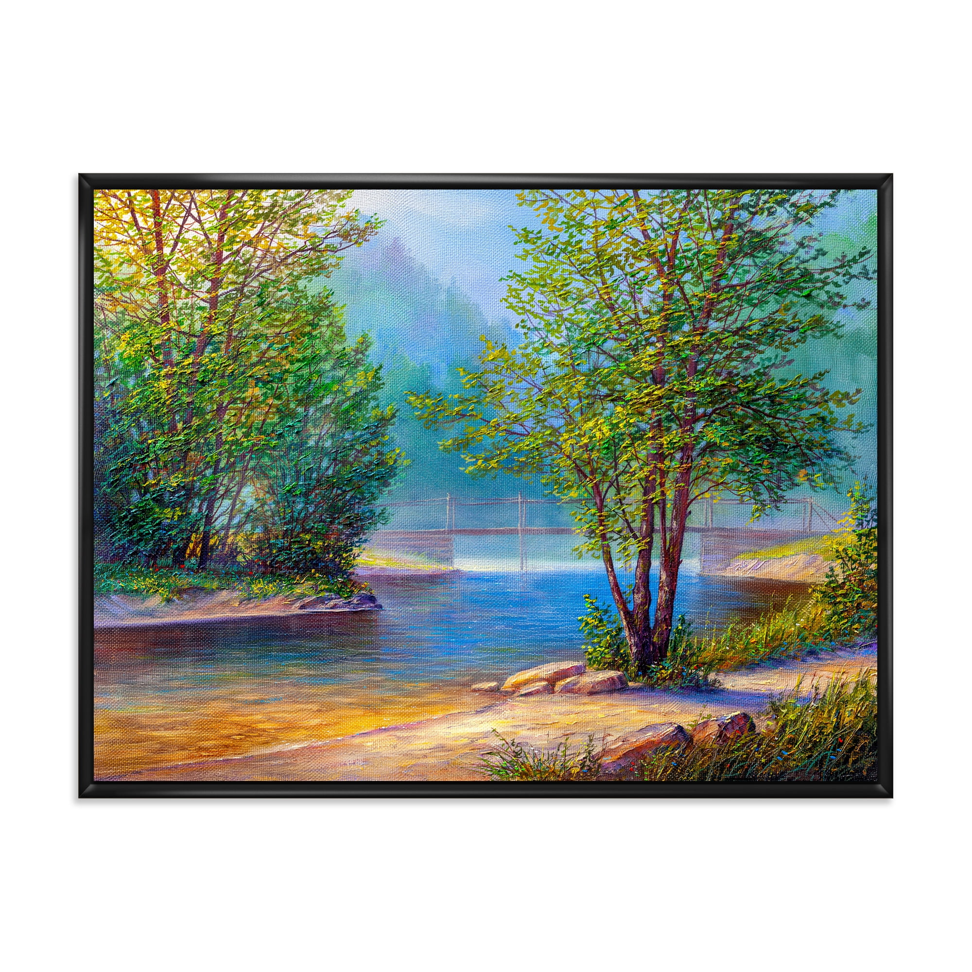 Designart 'Green Trees By The Bridge Over River' Traditional Framed Canvas Wall Art Print