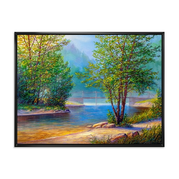 Designart 'Green Trees By The Bridge Over River' Traditional Framed Canvas Wall Art Print