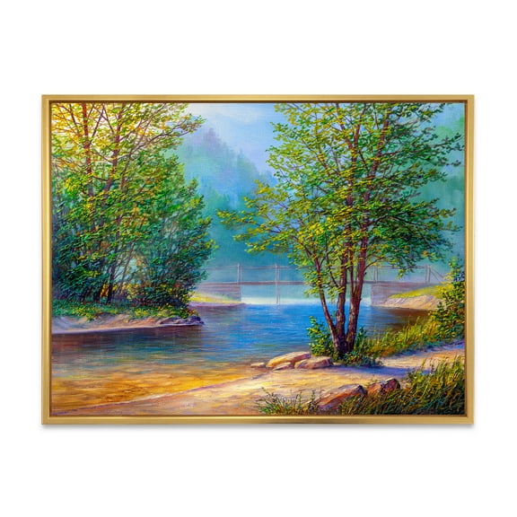 Designart 'Green Trees By The Bridge Over River' Traditional Framed Canvas Wall Art Print