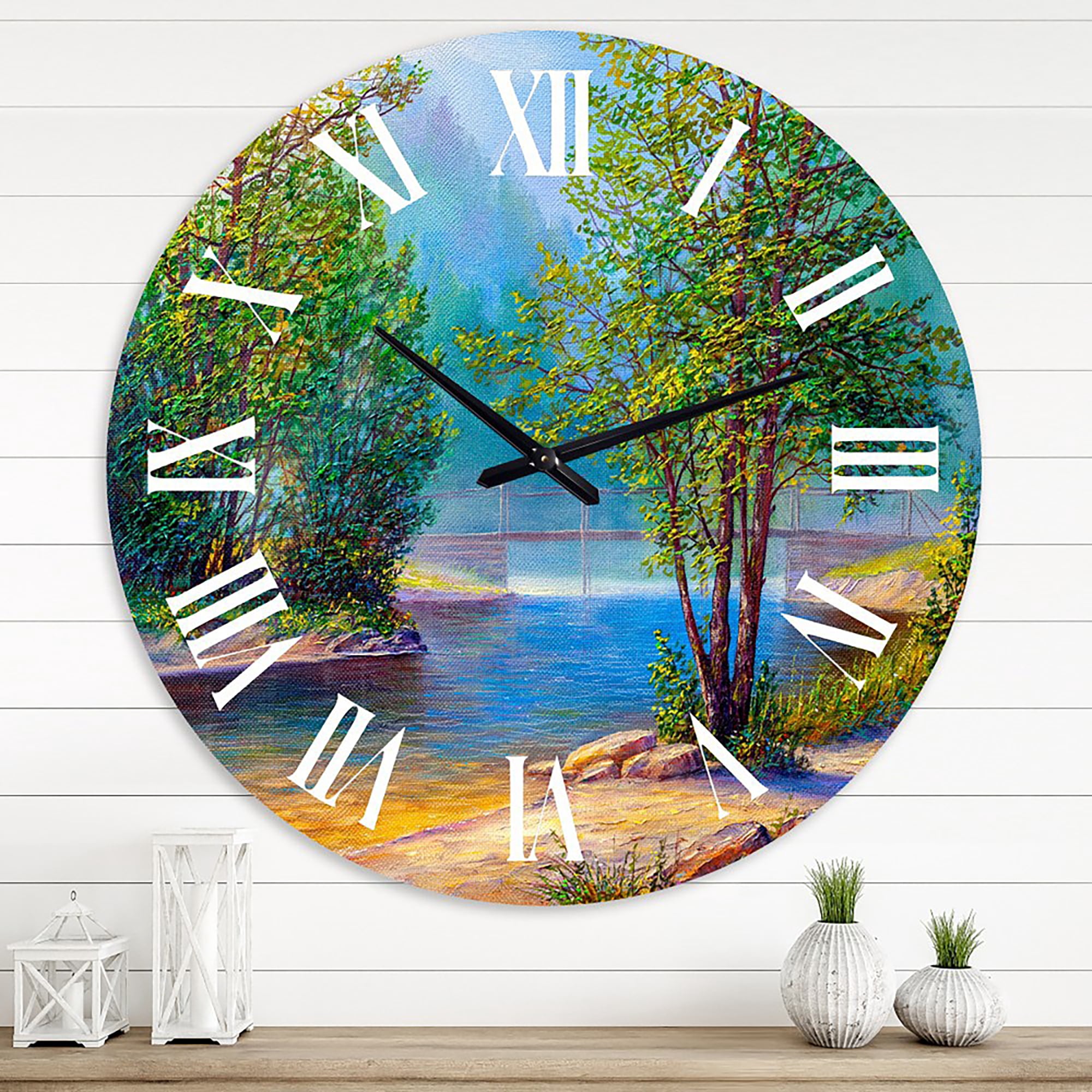 Designart 'Green Trees By The Riverside' Traditional Wall Clock