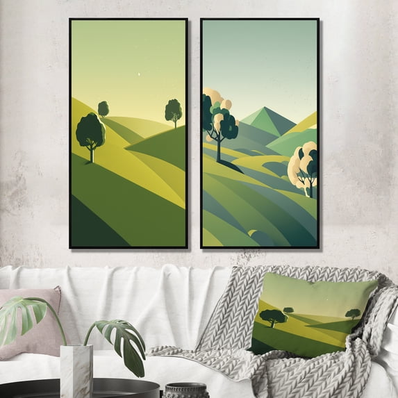 Designart "Green Trees in Graphic Landscape Composition I" Landscape Mountains Framed Wall Art Set Of 2 - Traditional Yellow Framed Canvas Set For Living Room Decor