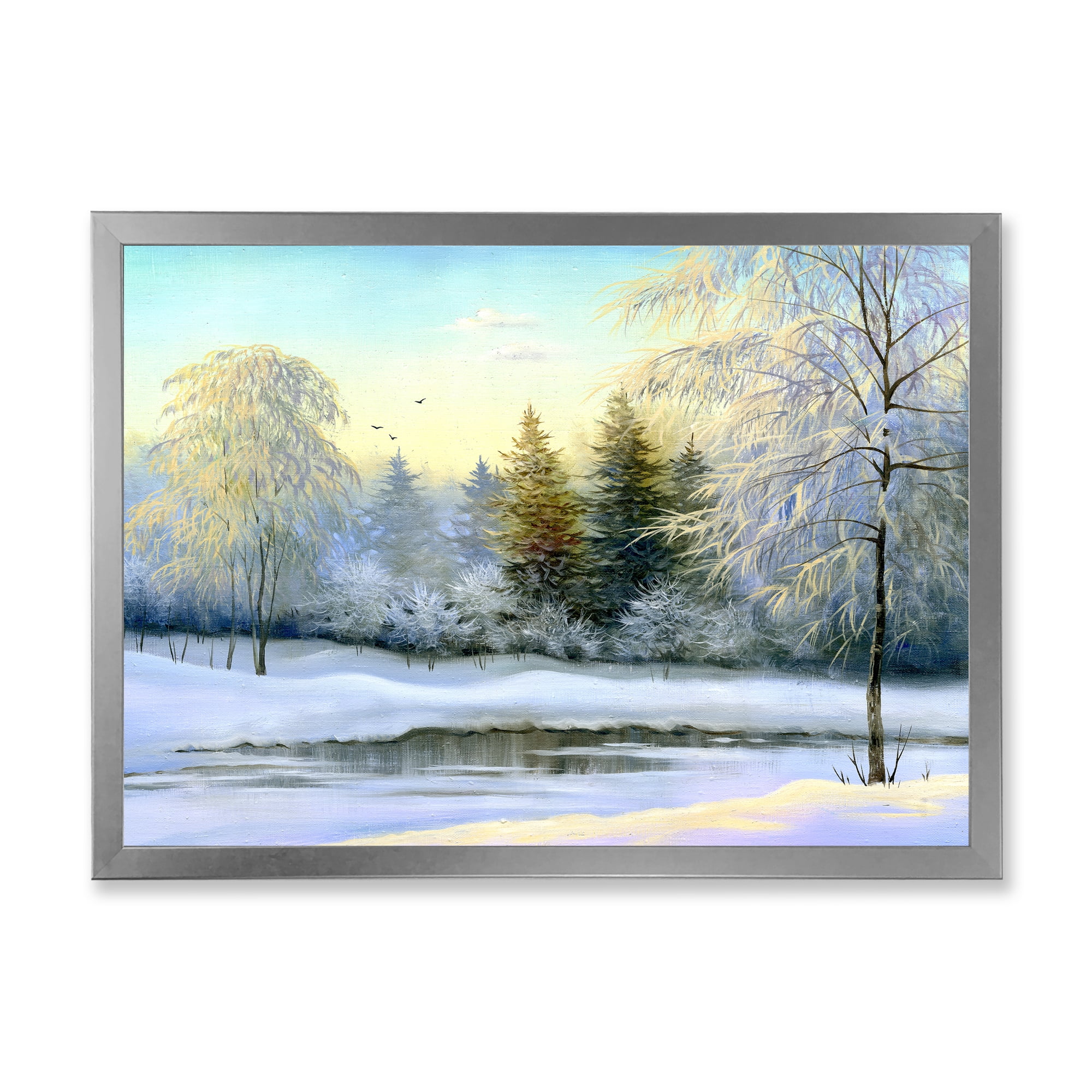 Designart 'Green Trees In Beautiful Winter Snow Landscape' Traditional Framed Art Print