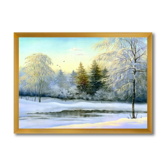 Designart 'Green Trees In Beautiful Winter Snow Landscape' Traditional Framed Art Print