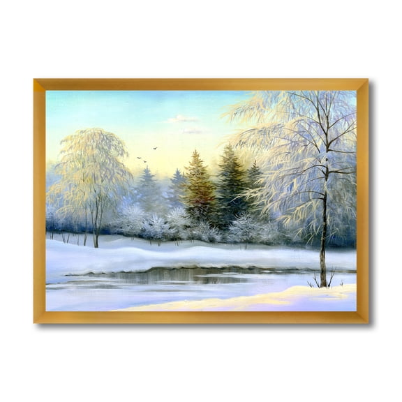 Designart 'Green Trees In Beautiful Winter Snow Landscape' Traditional Framed Art Print