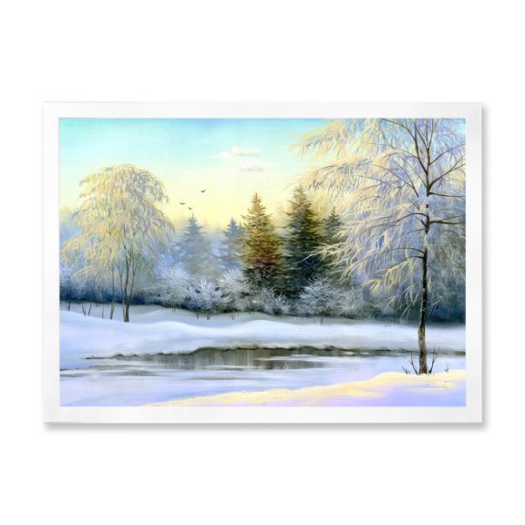 Designart 'Green Trees In Beautiful Winter Snow Landscape' Traditional Framed Art Print