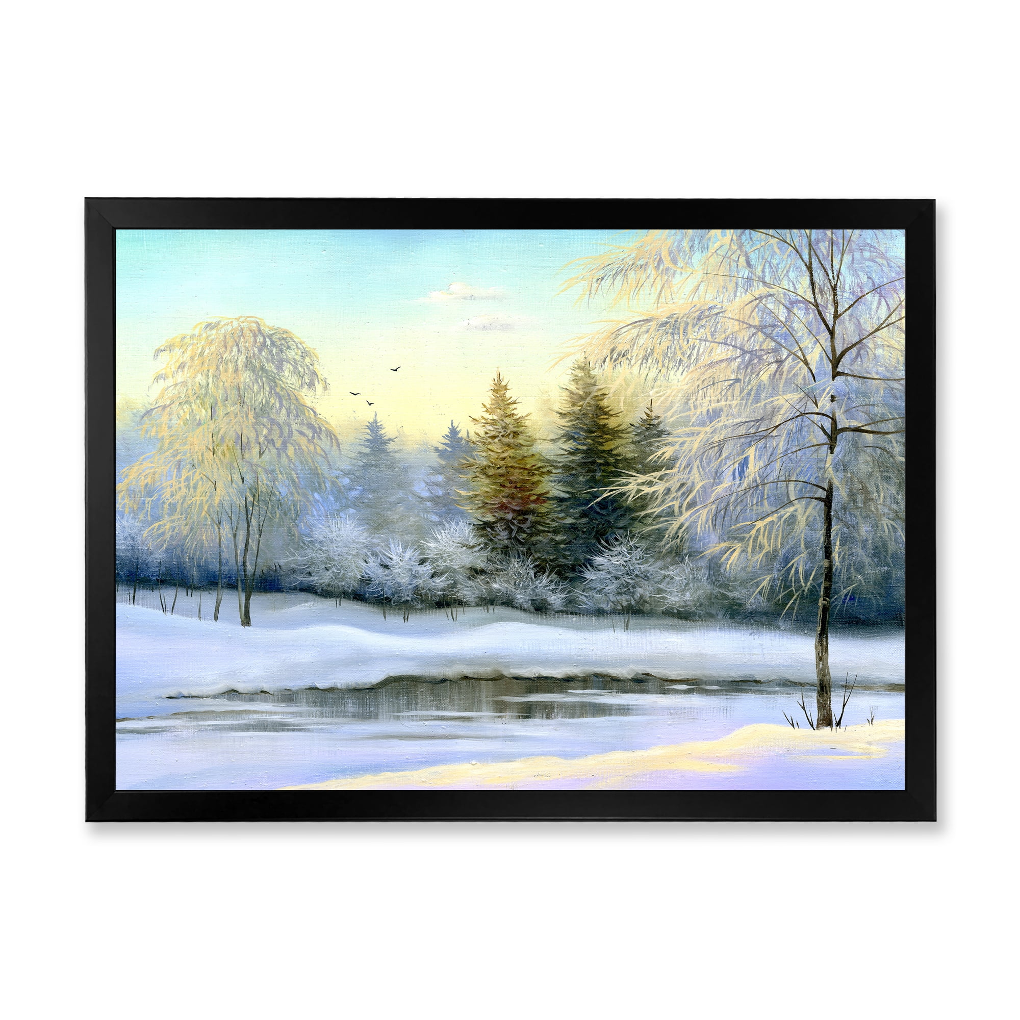 Designart 'Green Trees In Beautiful Winter Snow Landscape' Traditional Framed Art Print