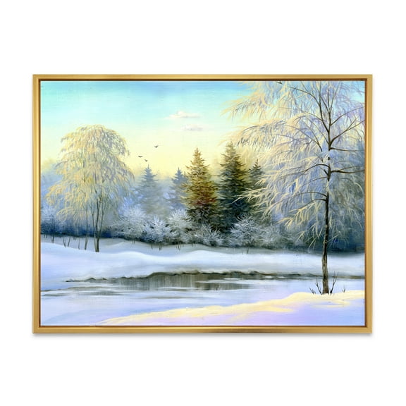 Designart 'Green Trees In Beautiful Winter Snow Landscape' Traditional Framed Canvas Wall Art Print