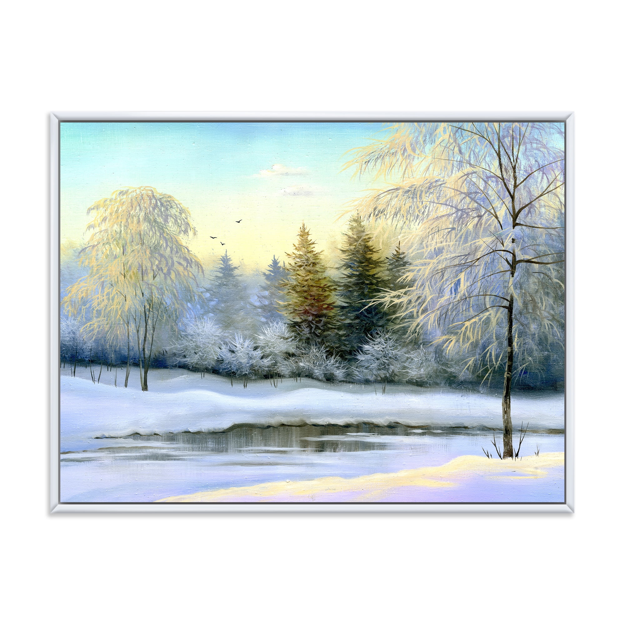 Designart 'Green Trees In Beautiful Winter Snow Landscape' Traditional Framed Canvas Wall Art Print