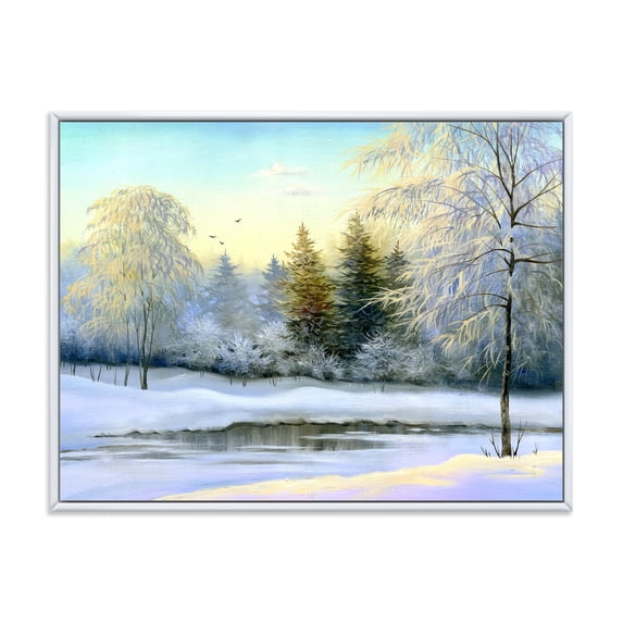 Designart 'Green Trees In Beautiful Winter Snow Landscape' Traditional Framed Canvas Wall Art Print