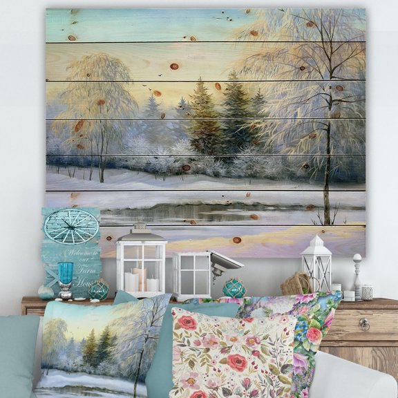 Designart 'Green Trees In Beautiful Winter Snow Landscape' Traditional Print on Natural Pine Wood