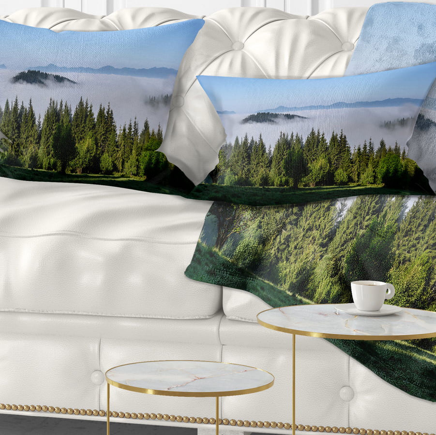 Designart Green Trees and Fog Over Mountains - Landscape Printed Throw Pillow - 12x20