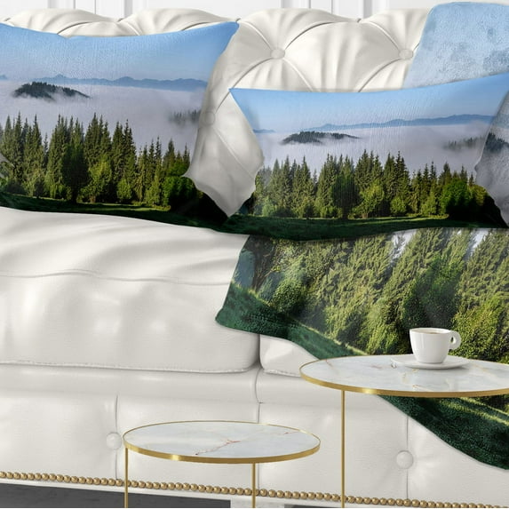 Designart Green Trees and Fog Over Mountains - Landscape Printed Throw Pillow - 12x20