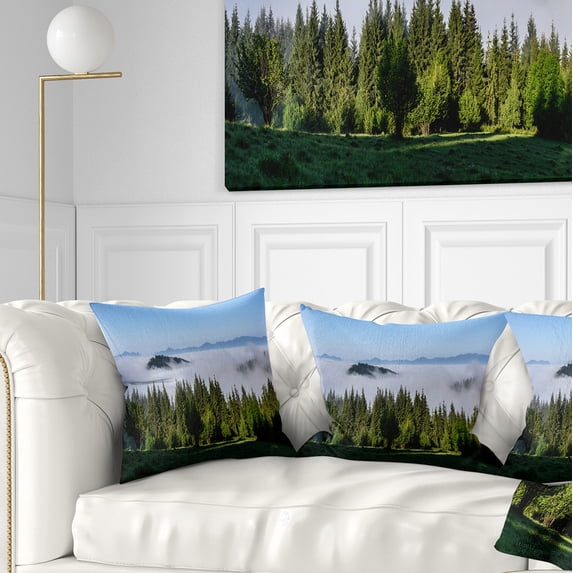 Designart Green Trees and Fog Over Mountains - Landscape Printed Throw Pillow - 18x18