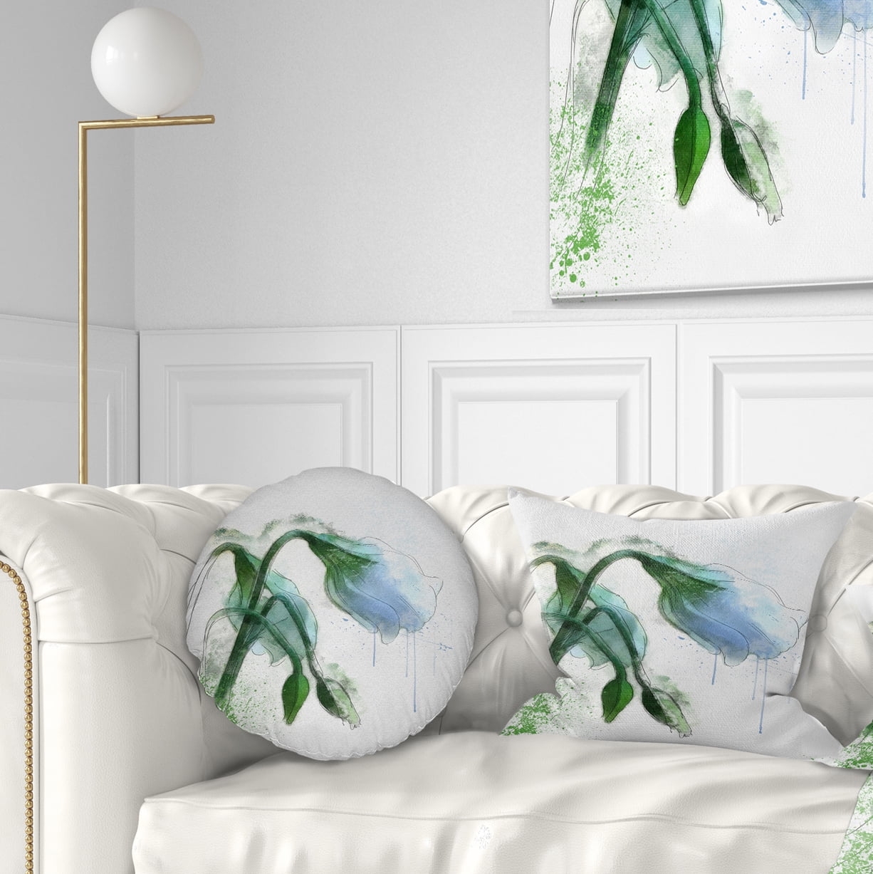 Designart Green Tulip Sketch Watercolor - Floral Throw Pillow - 12x20