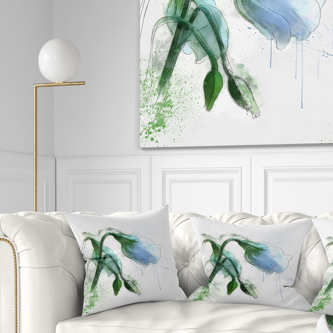 Designart Green Tulip Sketch Watercolor - Floral Throw Pillow - 18x18