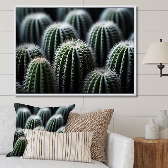 Designart "Green White Cactus Sublime Simplicity" Floral Floater Framed Canvas Wall Art