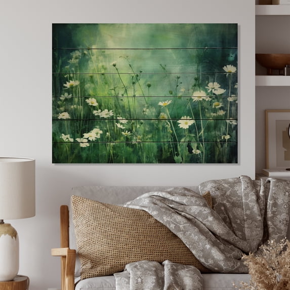 Designart "Green Wildflower Meadow Verdant Fields" Floral Print on Natural Pine Wood