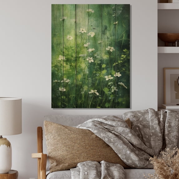 Designart "Green Wildflowers II" Floral Print on Natural Pine Wood