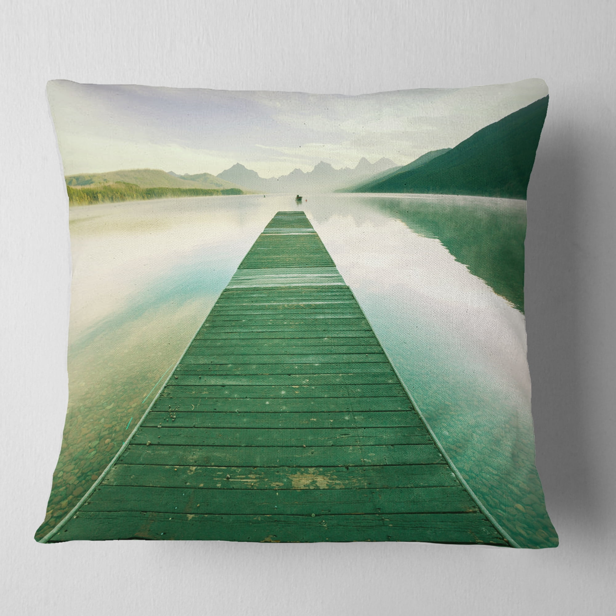 Designart Green Wood Pier At Glacier Park - Seashore Throw Pillow - 18x18