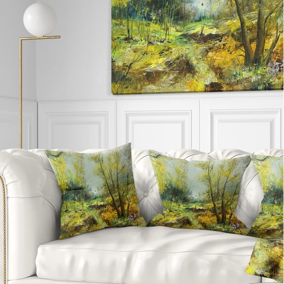 Designart Green Yellow Deep Forest - Landscape Printed Throw Pillow - 16x16