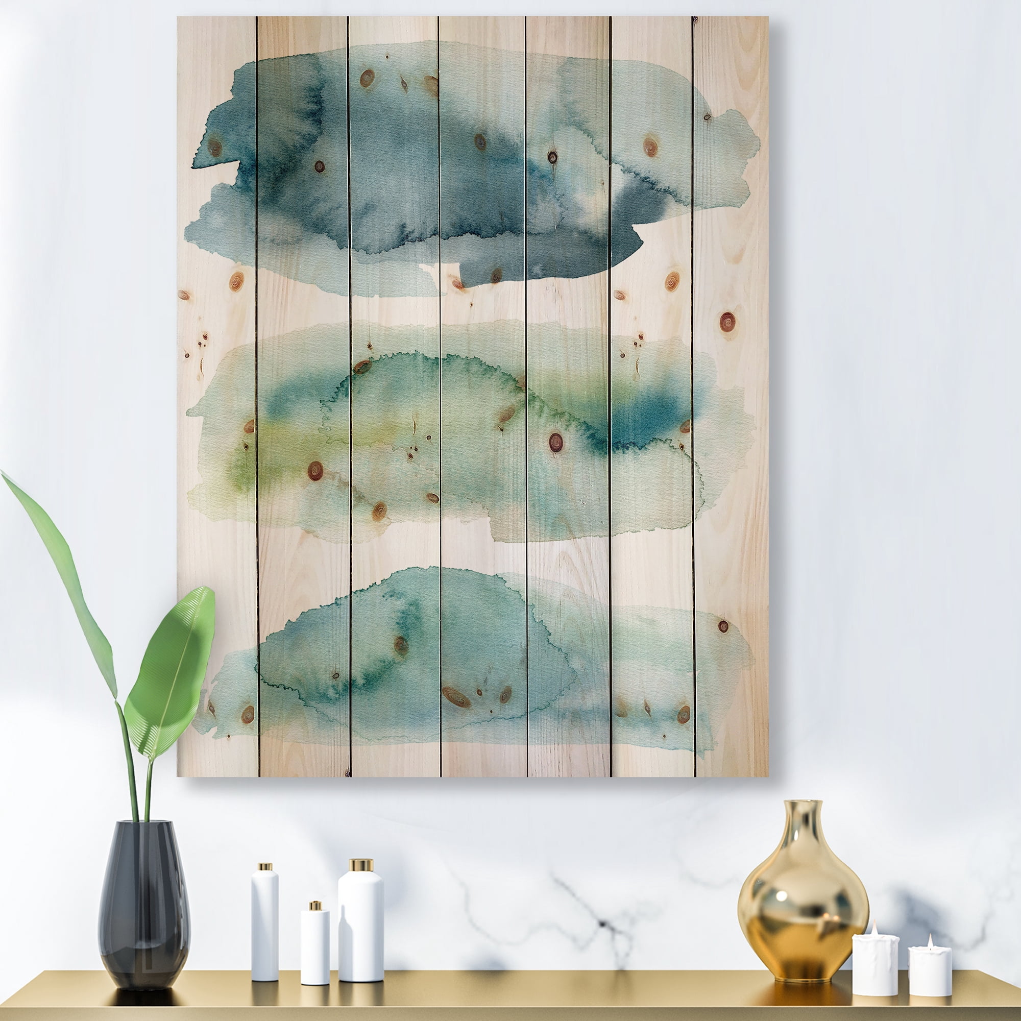 Designart 'Green and Blue Clouds' Modern Print on Natural Pine Wood