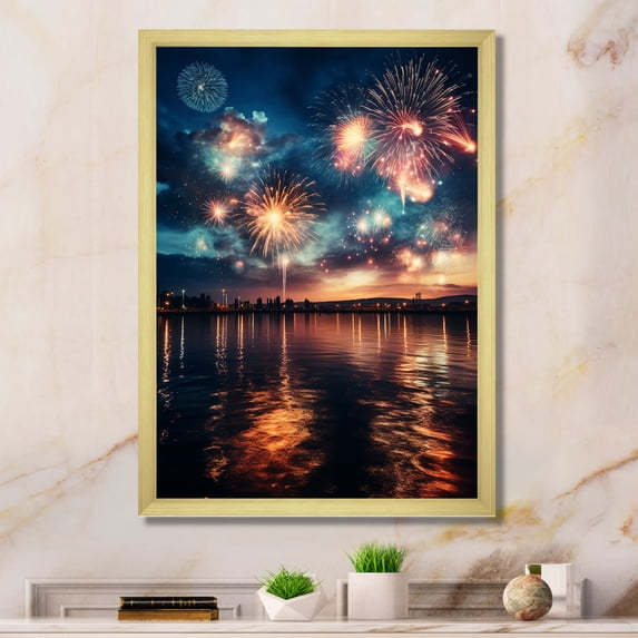 Designart "Green and Red Fireworks over the Lake II" Fashion Framed Wall Art - Modern Green Fireworks Hallway Framed Wall Art Decor