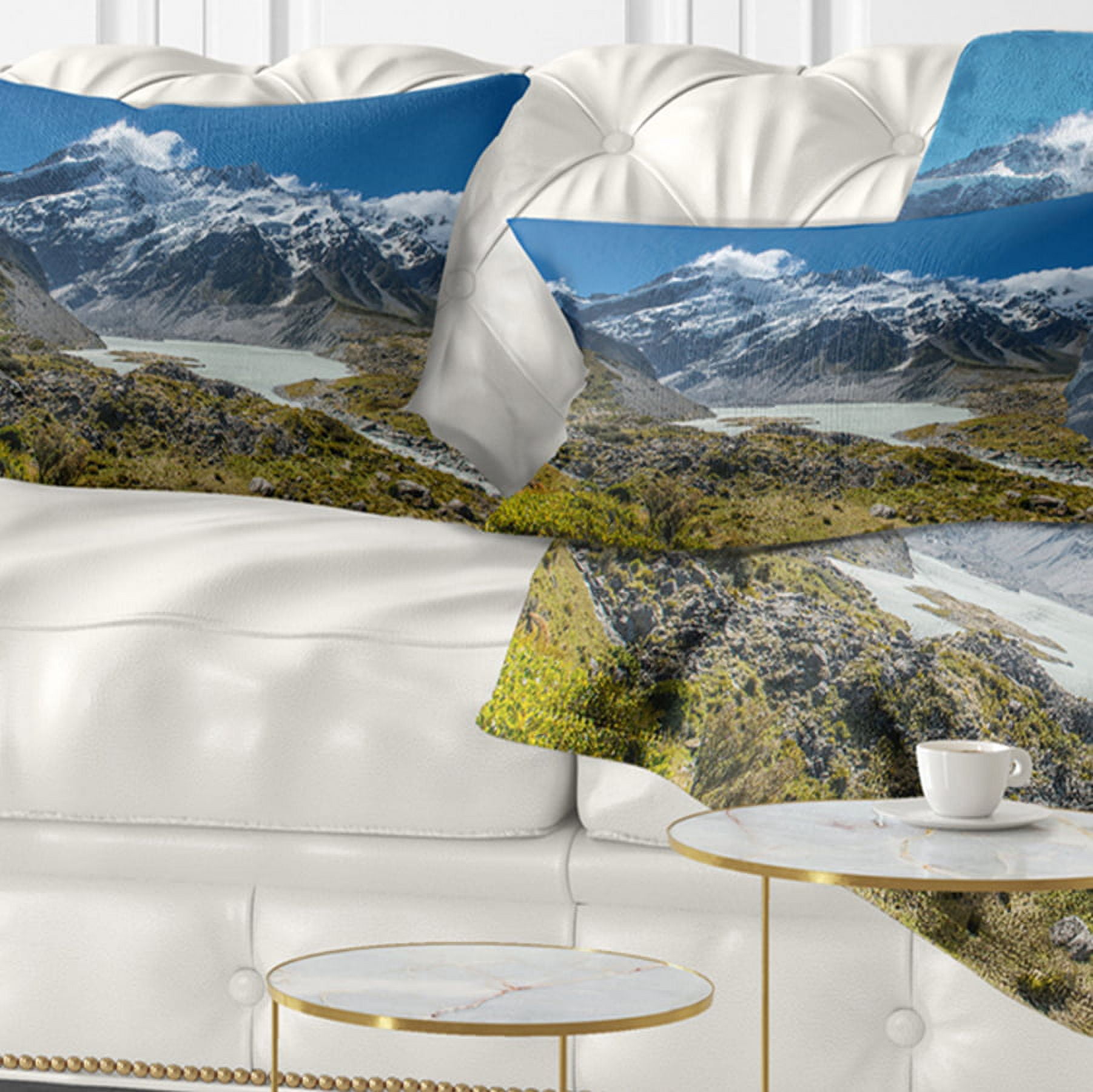Designart Green and White Mountains New Zealand - Landscape Printed Throw Pillow - 12x20