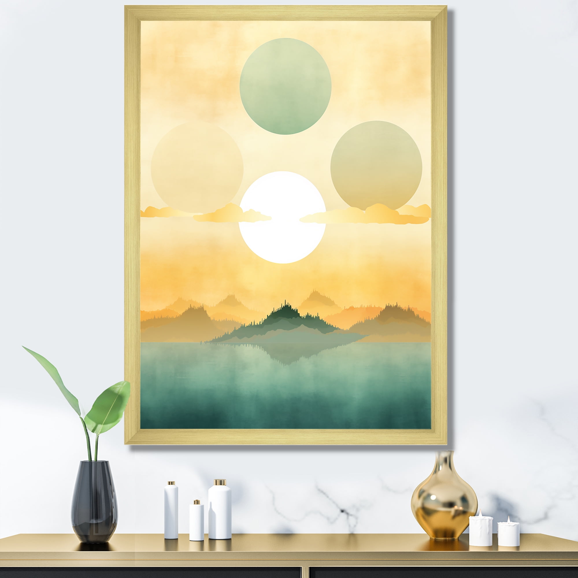 Designart "Green and Yellow Sunrise Breeze" Abstract Framed Wall Art