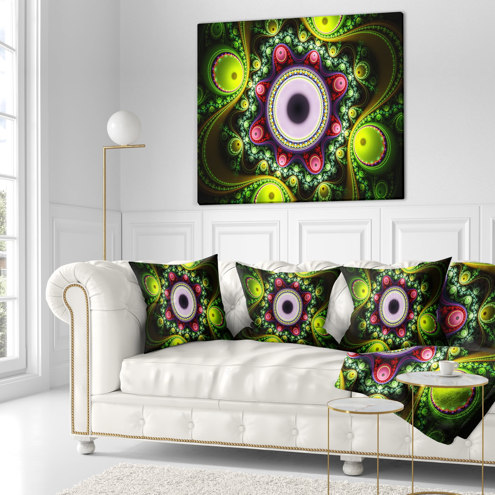 Designart Green on Black Pattern with Circles - Abstract Throw Pillow - 16x16