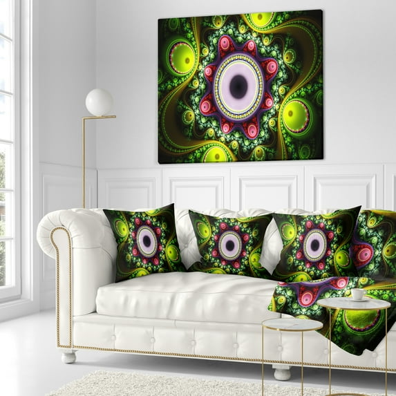 Designart Green on Black Pattern with Circles - Abstract Throw Pillow - 18x18